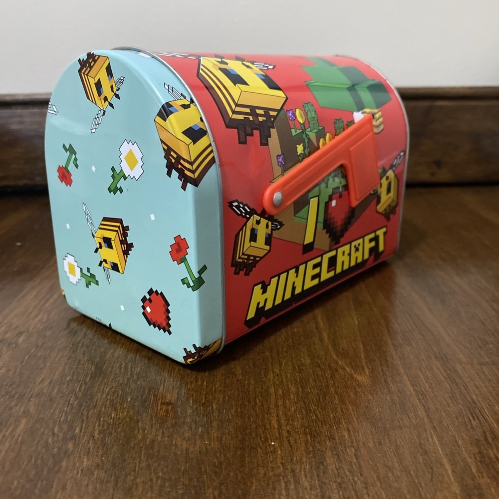 Minecraft 2024 Mojang Metal Tin Mailbox with Flag Red Blue Bee Collectible